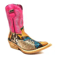 Bota Infantil De Couro Bovino Imitação de Cobra Coral Blue Orange - Cano Alto, Bico Fino, Solado de Couro Artesanal - imagem 1