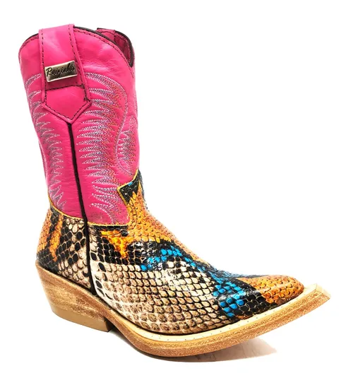 Bota Infantil De Couro Bovino Imitação de Cobra Coral Blue Orange - Cano Alto, Bico Fino, Solado de Couro Artesanal