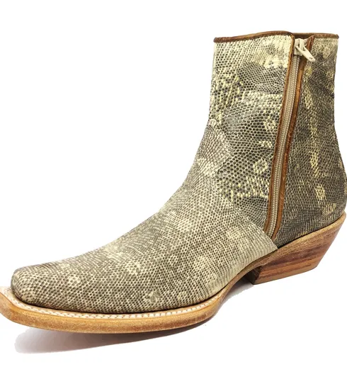 Bota Reizinho Premium Couro De Lagarto Africano Natural Limited Edition - Cano Curto, Bico Fino Quadra, Solado Couro Art