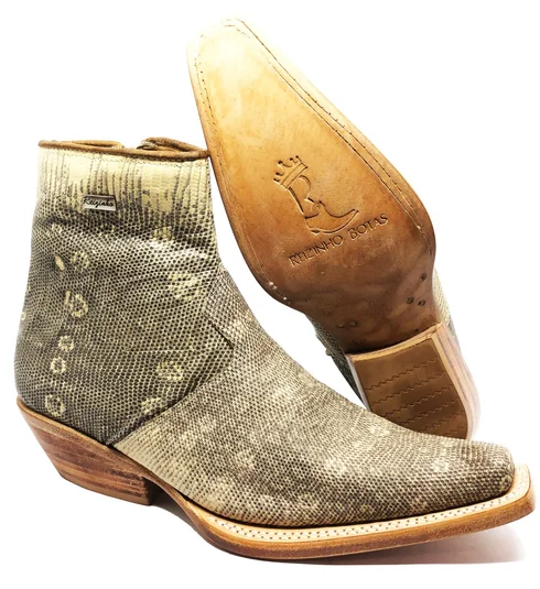 Bota Reizinho Premium Couro De Lagarto Africano Natural Limited Edition - Cano Curto, Bico Fino Quadra, Solado Couro Art