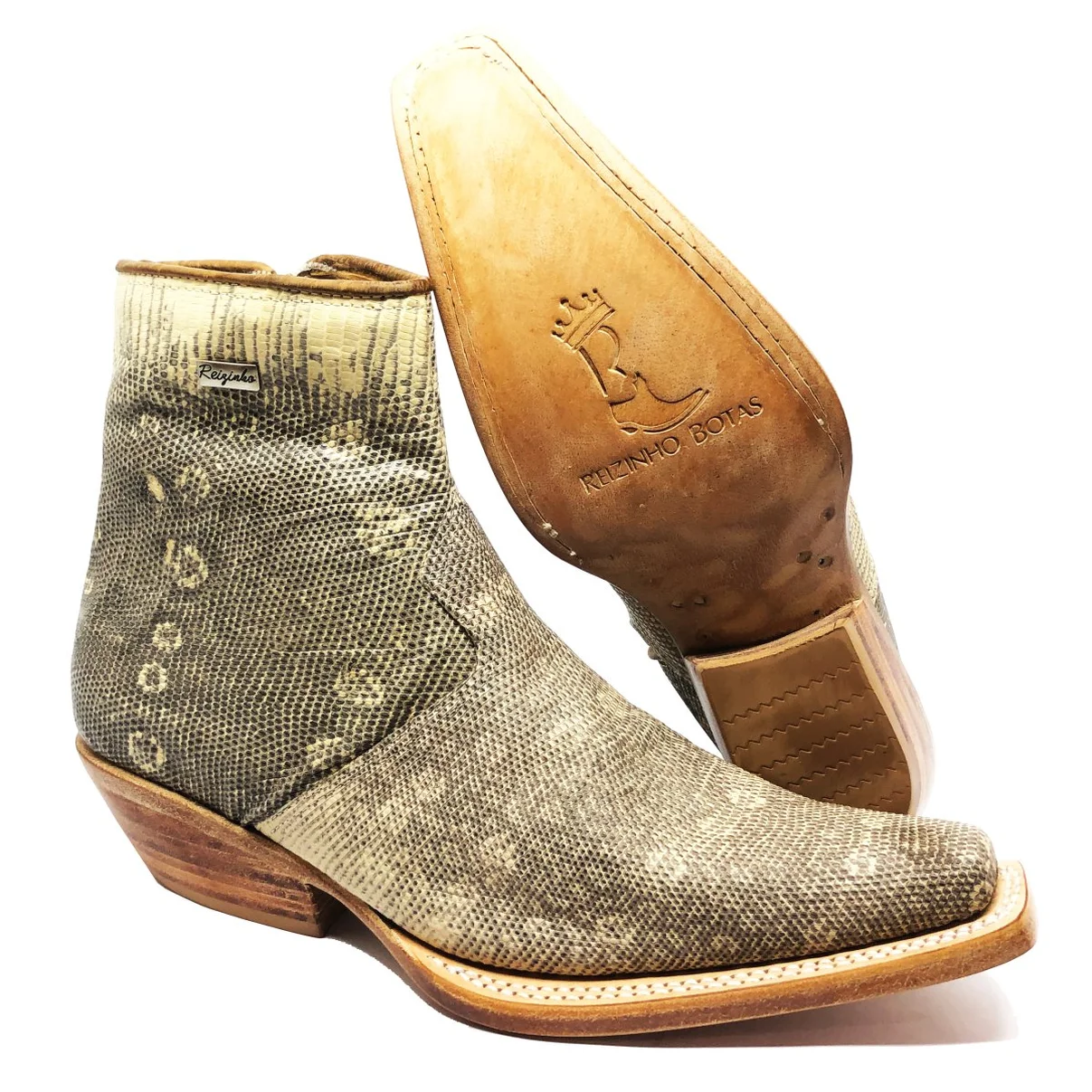 Bota Reizinho Premium Couro De Lagarto Africano Natural Limited Edition - Cano Curto, Bico Fino Quadra, Solado Couro Art