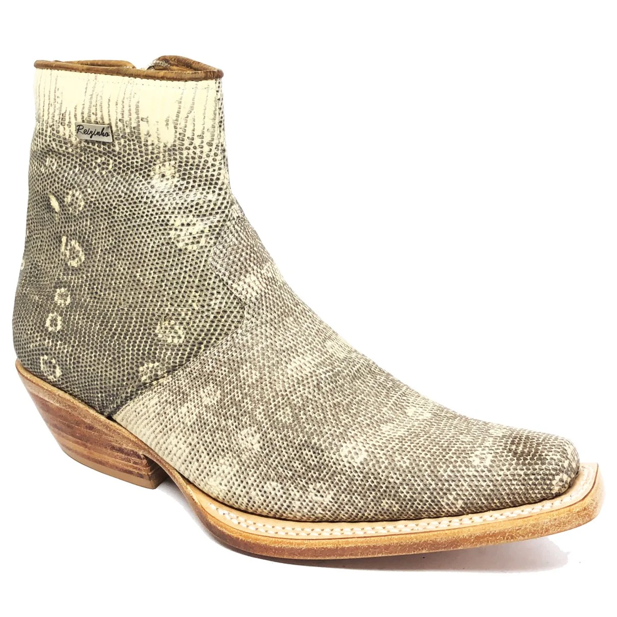 Bota Reizinho Premium Couro De Lagarto Africano Natural Limited Edition - Cano Curto, Bico Fino Quadra, Solado Couro Art