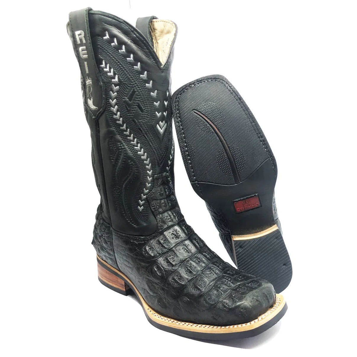 Bota Reizinho Premium Couro De Jacaré Preto Limited Edition - Cano Alto, Bico Quadrado, Solado De X-Flex Artesanal