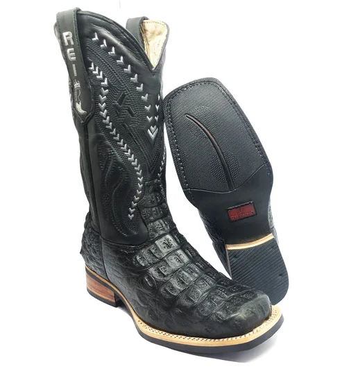 Bota Reizinho Premium Couro De Jacaré Preto Limited Edition - Cano Alto, Bico Quadrado, Solado De X-Flex Artesanal