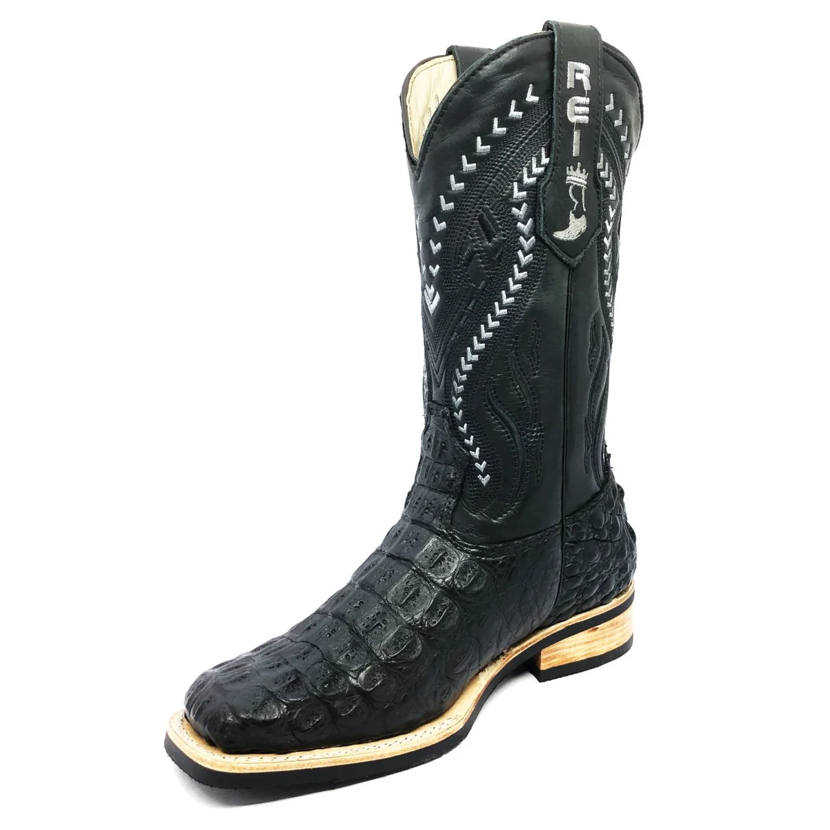 Bota Reizinho Premium Couro De Jacaré Preto Limited Edition - Cano Alto, Bico Quadrado, Solado De X-Flex Artesanal
