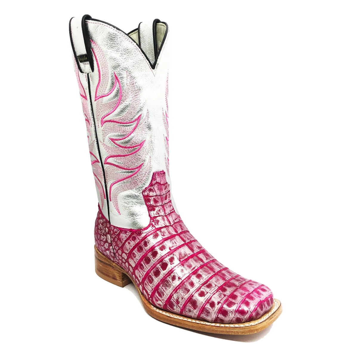 Bota Reizinho Premium Couro De Jacaré Silver Pink Limited Edition - Cano Alto, Bico Quadrado, Solado De Couro Artesanal