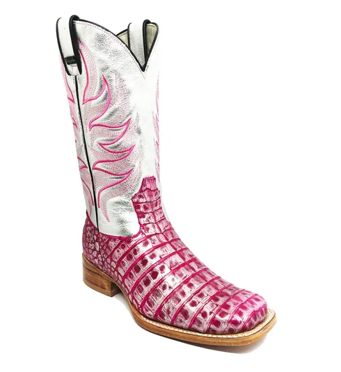 Bota Reizinho Premium Couro De Jacaré Silver Pink (Rosa e Prata) Limited Edition - Cano Alto, Bico Quadrado, Solado De Couro Artesanal