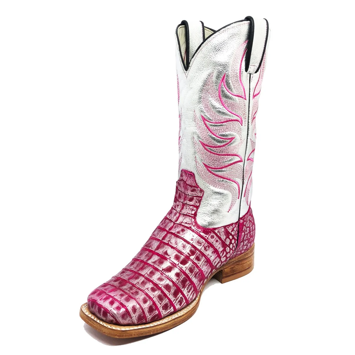 Bota Reizinho Premium Couro De Jacaré Silver Pink Limited Edition - Cano Alto, Bico Quadrado, Solado De Couro Artesanal