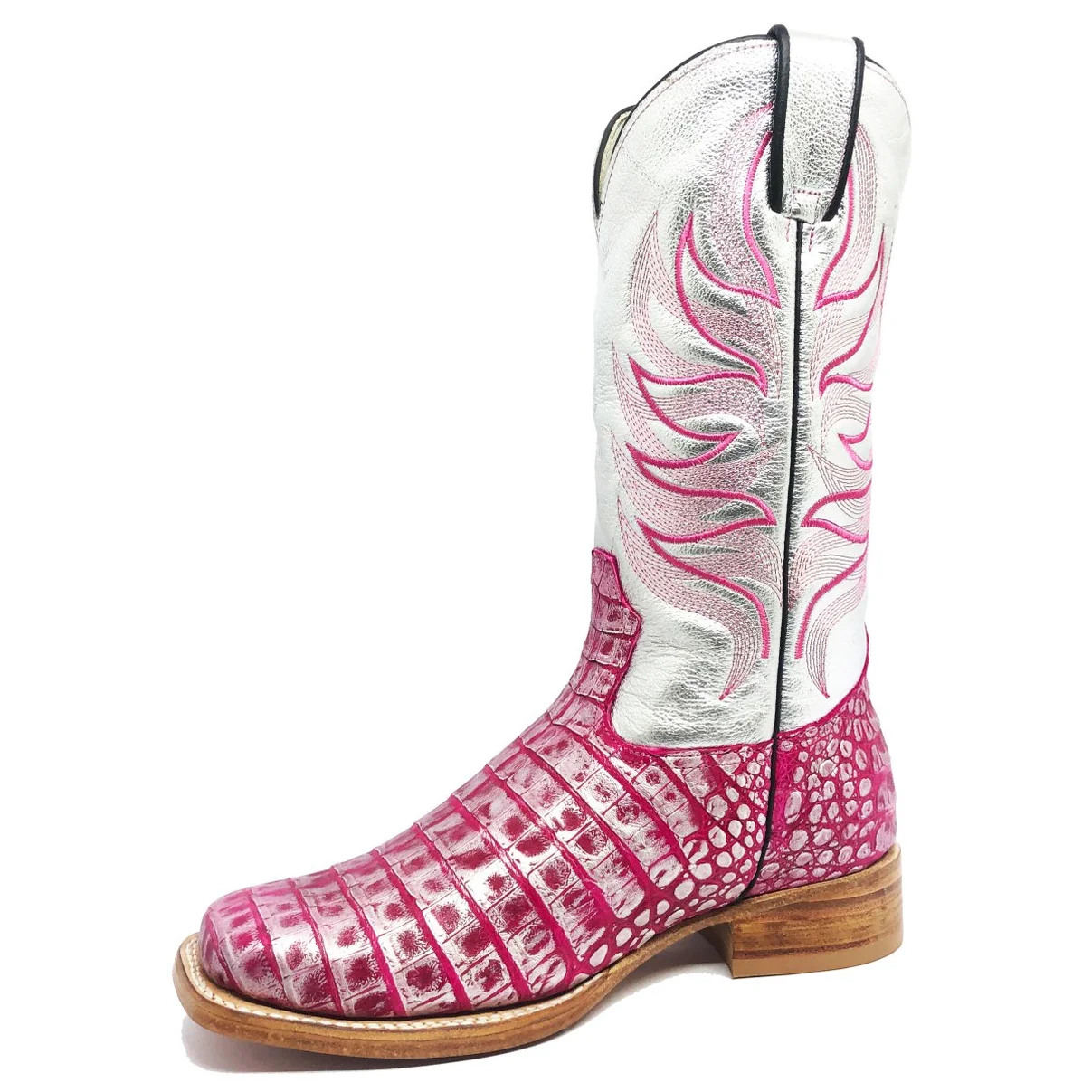 Bota Reizinho Premium Couro De Jacaré Silver Pink Limited Edition - Cano Alto, Bico Quadrado, Solado De Couro Artesanal