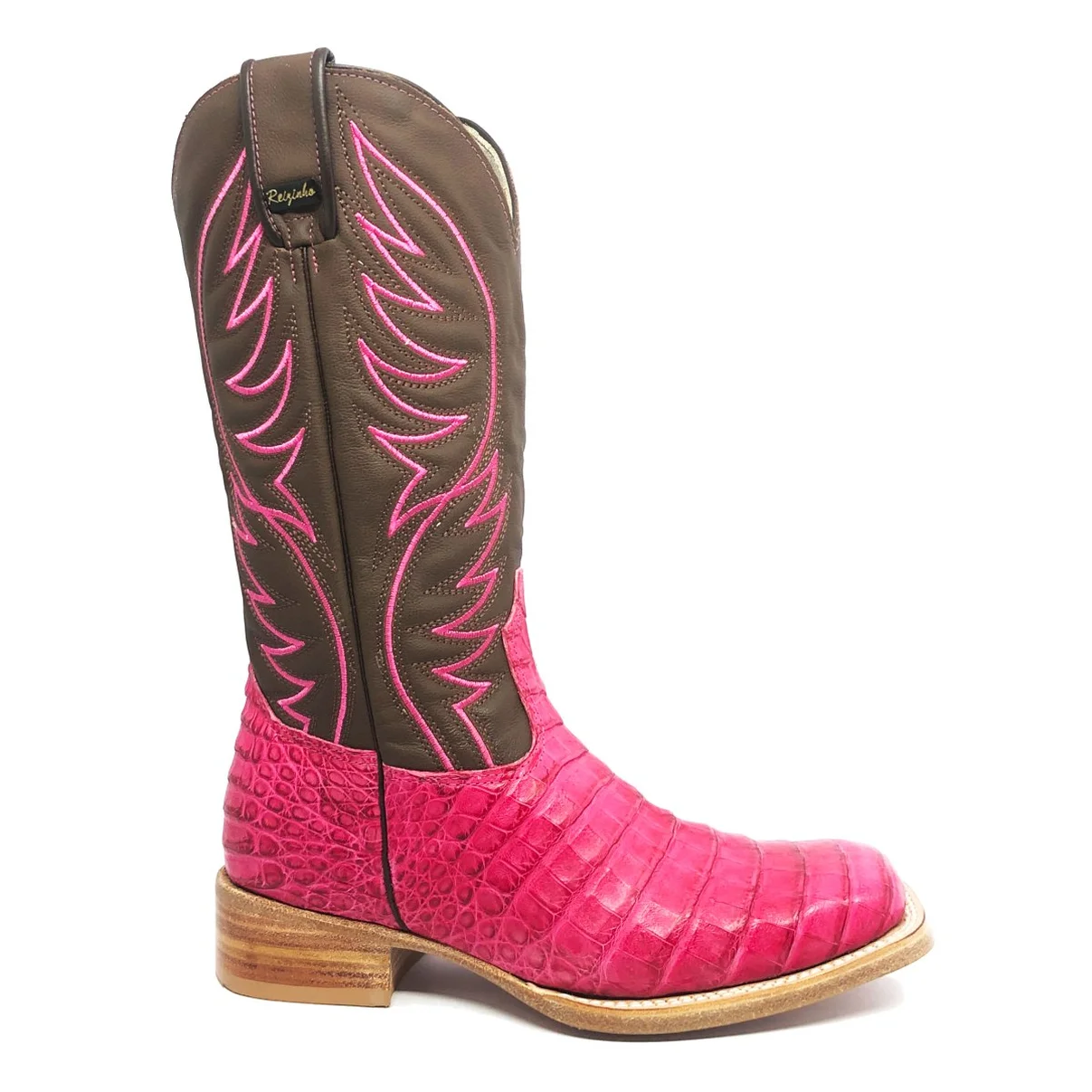 Bota Reizinho Premium Couro De Jacaré Rosa Pink Limited Edition - Cano Alto, Bico Quadrado, Solado De Couro Artesanal