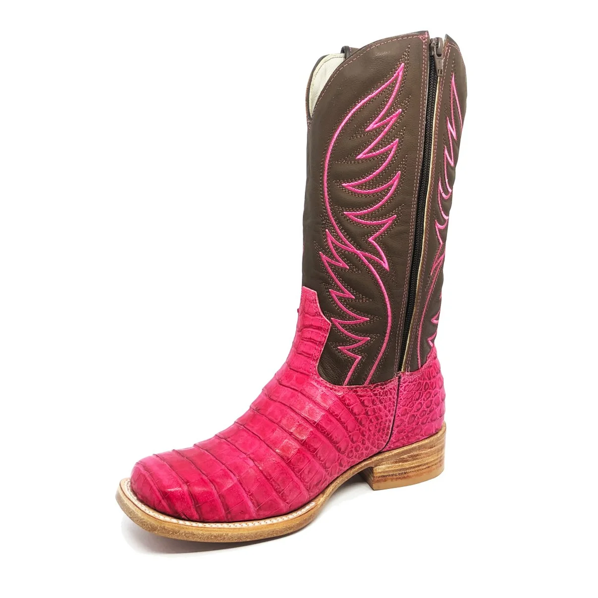 Bota Reizinho Premium Couro De Jacaré Rosa Pink Limited Edition - Cano Alto, Bico Quadrado, Solado De Couro Artesanal
