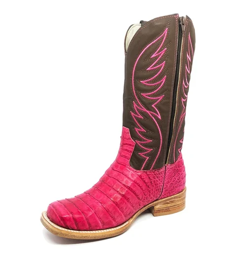 Bota Reizinho Premium Couro De Jacaré Rosa Pink Limited Edition - Cano Alto, Bico Quadrado, Solado De Couro Artesanal