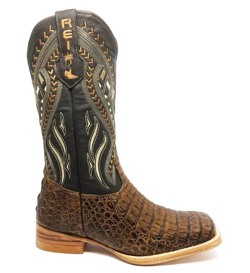 Bota Reizinho Premium Couro De Jacaré Tabaco Limited Edition - Cano Alto, Bico Quadrado, Solado De Couro Artesanal