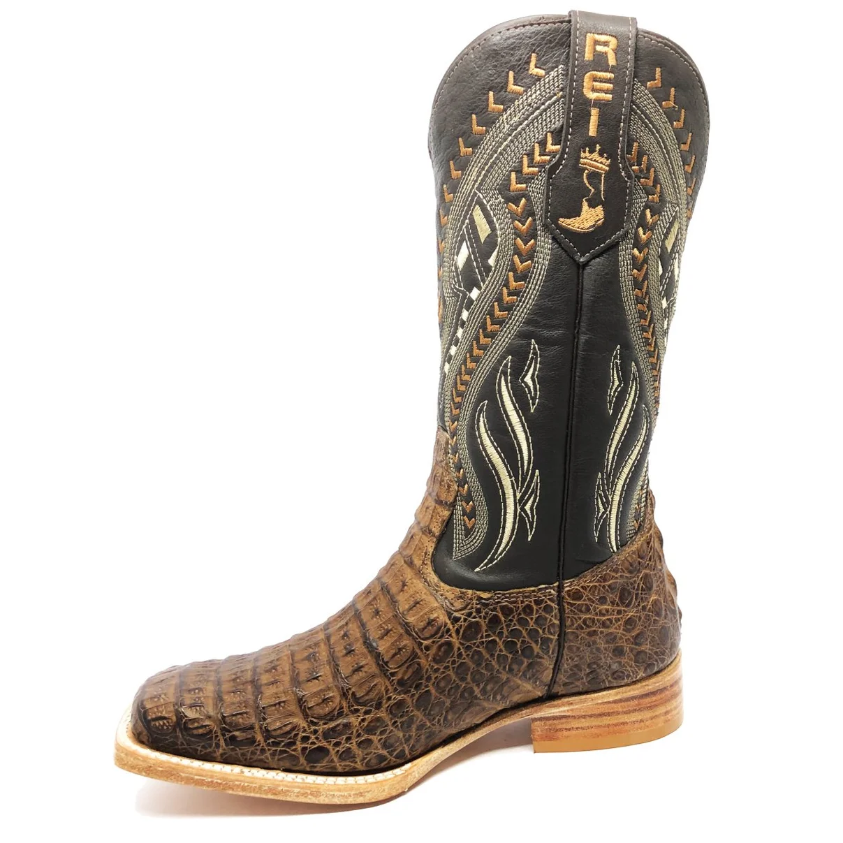 Bota Reizinho Premium Couro De Jacaré Tabaco Limited Edition - Cano Alto, Bico Quadrado, Solado De Couro Artesanal