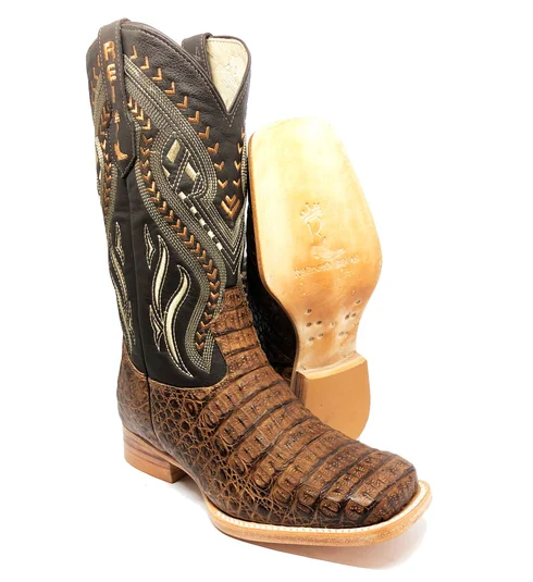 Bota Reizinho Premium Couro De Jacaré Tabaco Limited Edition - Cano Alto, Bico Quadrado, Solado De Couro Artesanal
