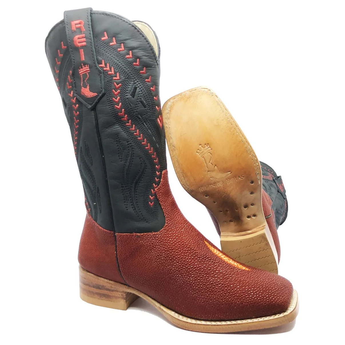 Bota Reizinho Premium Couro De Arraia Evok Limited Edition - Cano Alto, Bico Quadrado, Solado De Couro Artesanal