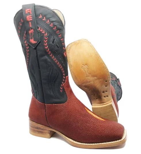 Bota Reizinho Premium Couro De Arraia Evok Limited Edition - Cano Alto, Bico Quadrado, Solado De Couro Artesanal