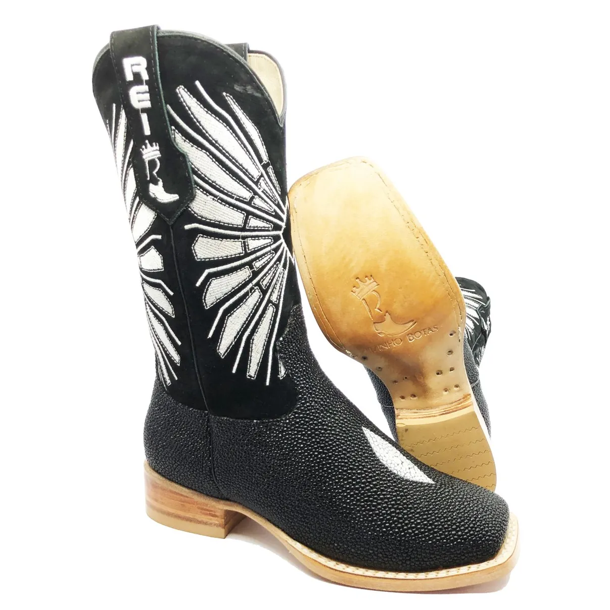 Bota Reizinho Premium Couro De Arraia Preta Limited Edition - Cano Alto, Bico Quadrado, Solado De Couro Artesanal