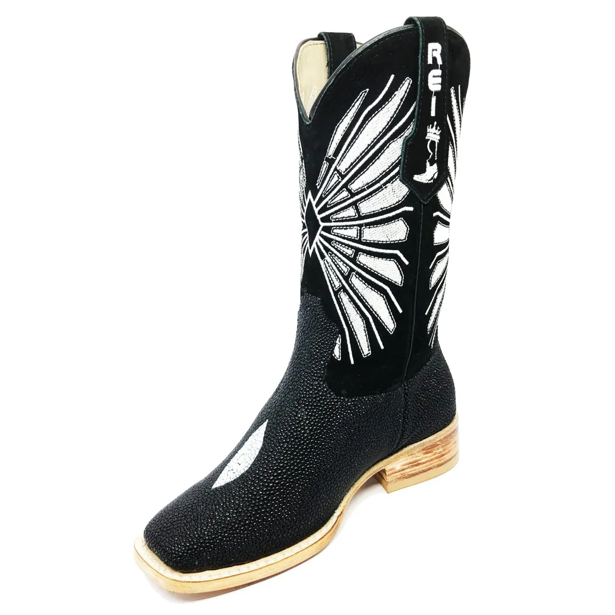 Bota Reizinho Premium Couro De Arraia Preta Limited Edition - Cano Alto, Bico Quadrado, Solado De Couro Artesanal