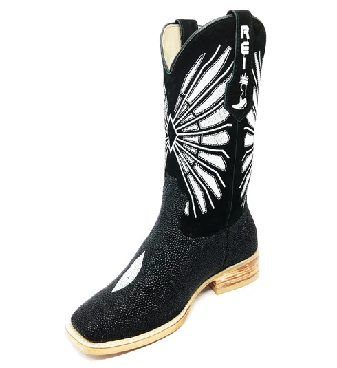 Bota Reizinho Premium Couro De Arraia Preta Limited Edition - Cano Alto, Bico Quadrado, Solado De Couro Artesanal