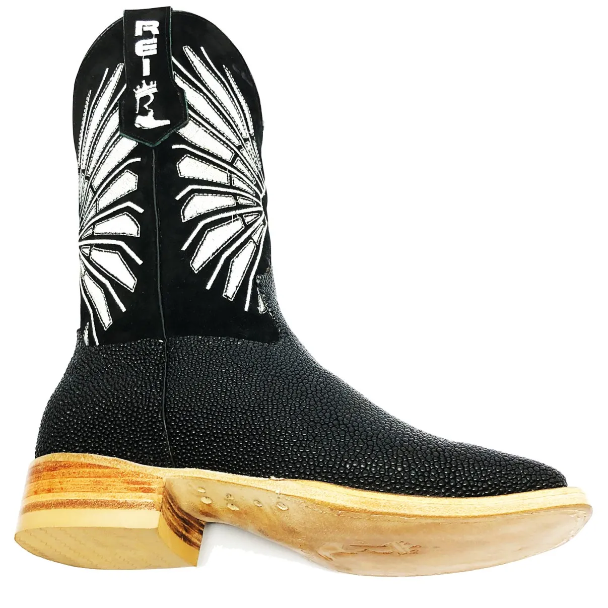 Bota Reizinho Premium Couro De Arraia Preta Limited Edition - Cano Alto, Bico Quadrado, Solado De Couro Artesanal