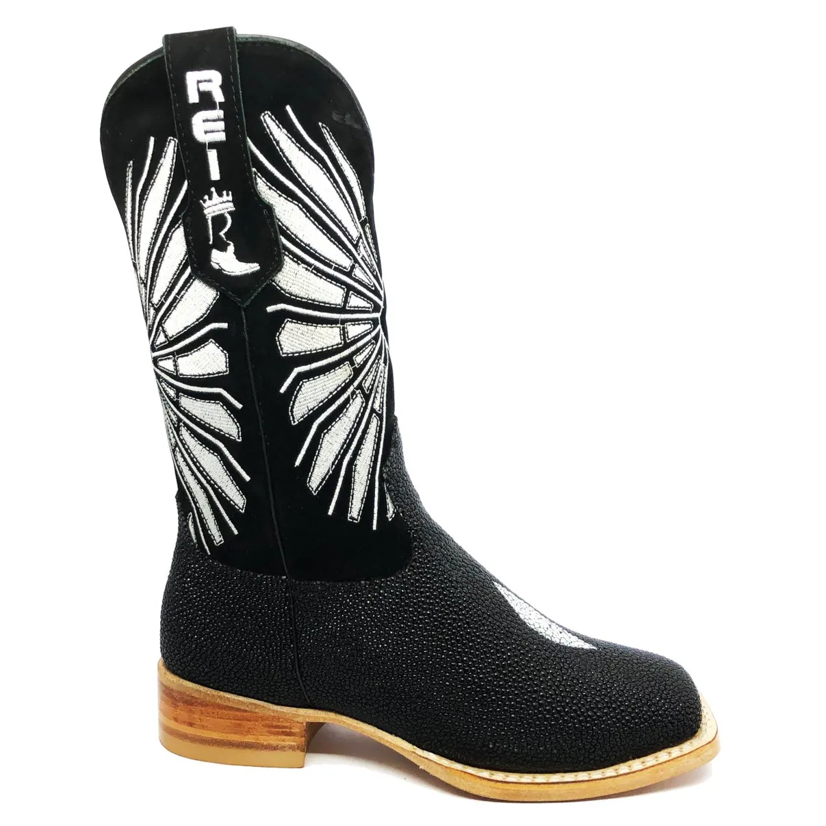Bota Reizinho Premium Couro De Arraia Preta Limited Edition - Cano Alto, Bico Quadrado, Solado De Couro Artesanal