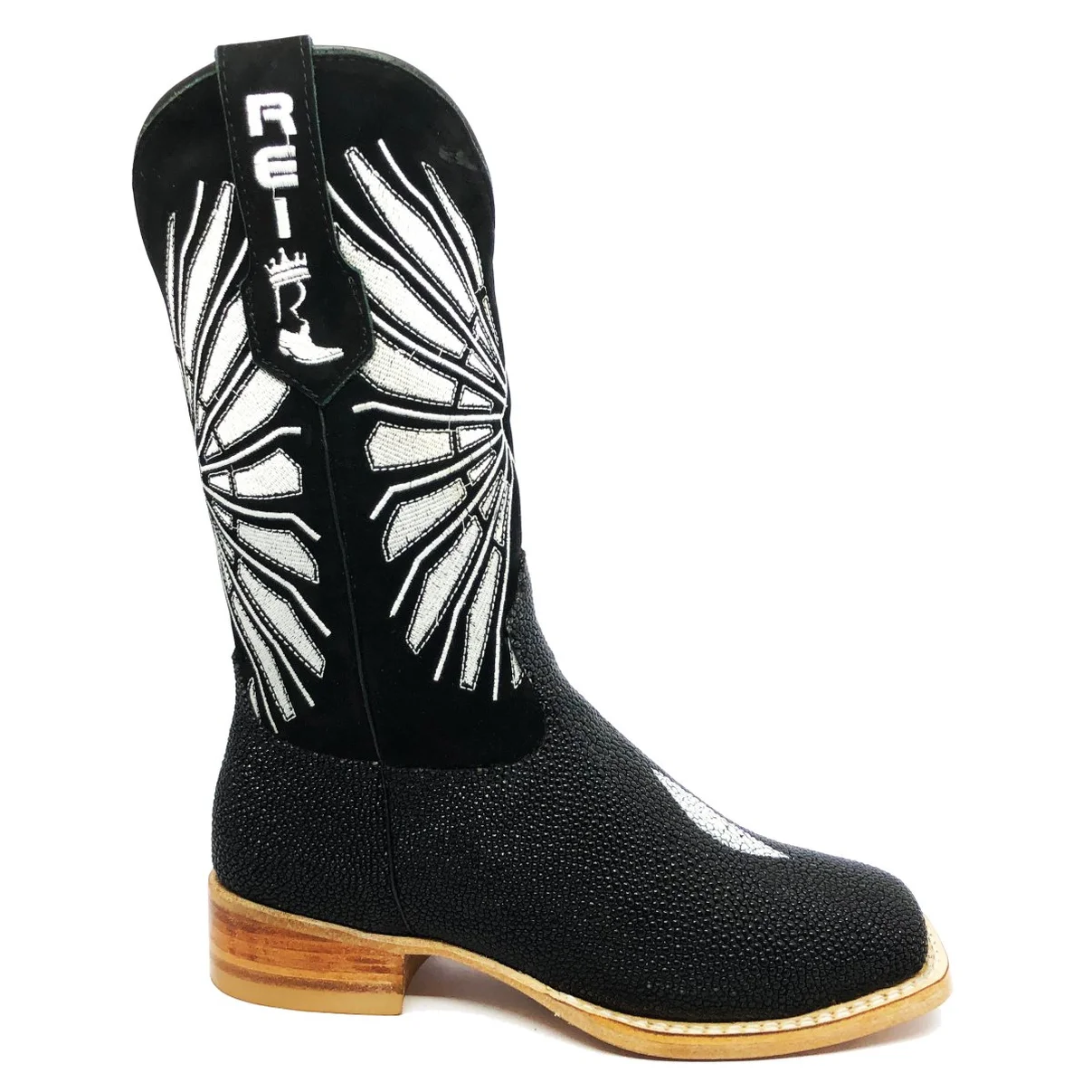 Bota Reizinho Premium Couro De Arraia Preta Limited Edition - Cano Alto, Bico Quadrado, Solado De Couro Artesanal