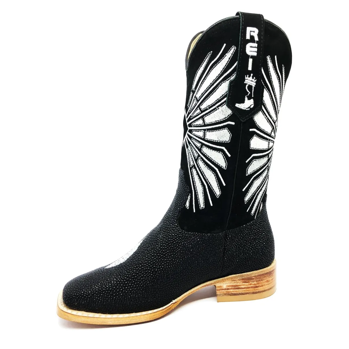 Bota Reizinho Premium Couro De Arraia Preta Limited Edition - Cano Alto, Bico Quadrado, Solado De Couro Artesanal