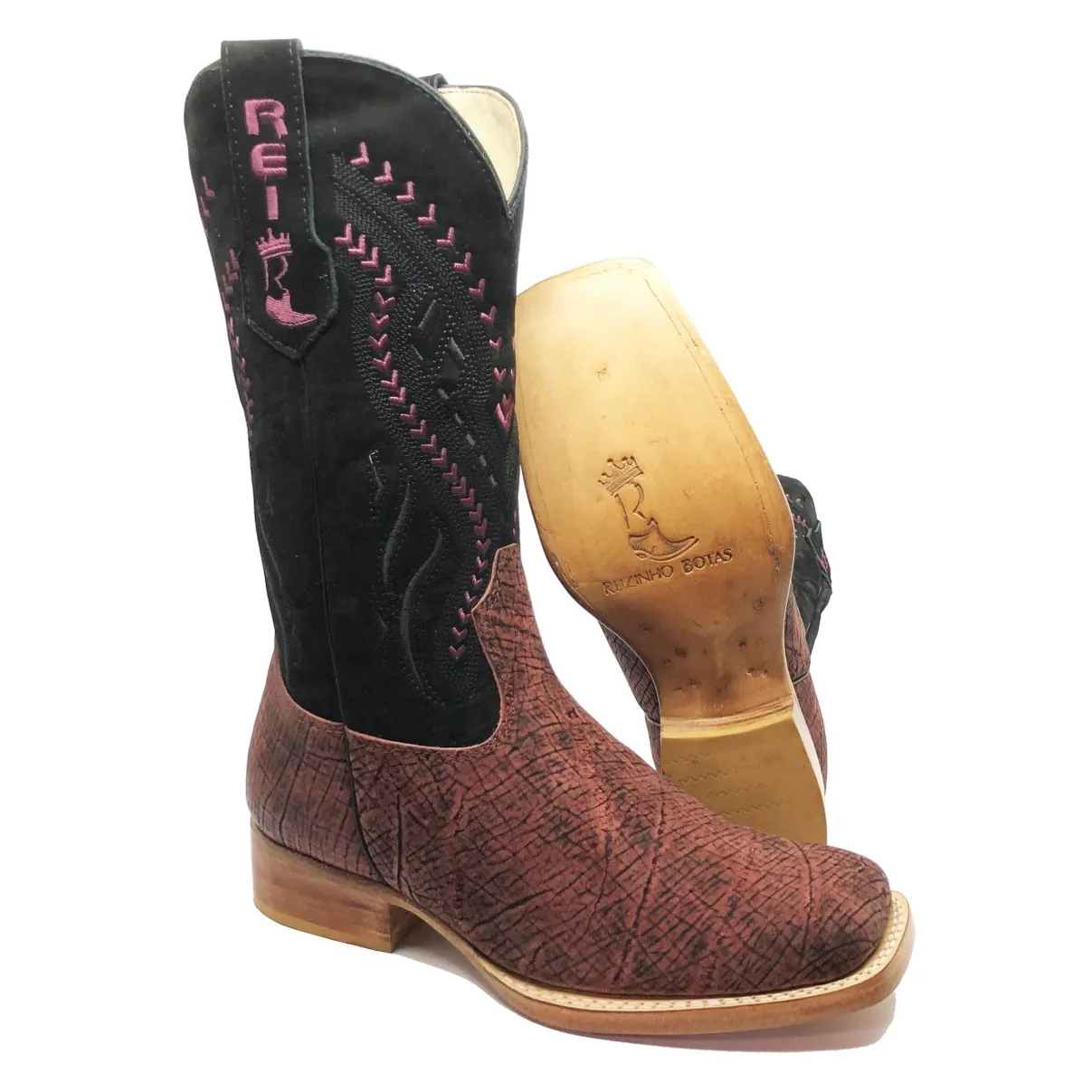 Bota Reizinho Premium Couro De Girafa Black Wine Limited Edition - Cano Alto, Bico Quadrado, Solado De Couro Artesanal