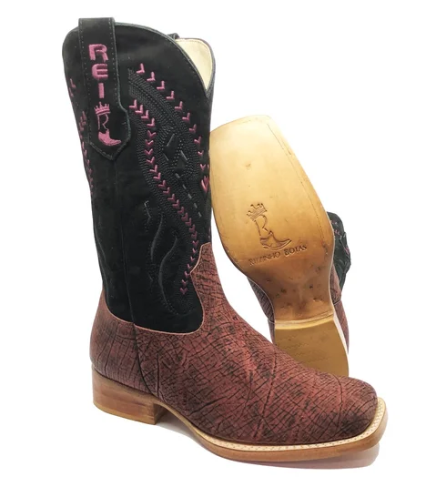 Bota Reizinho Premium Couro De Girafa Black Wine Limited Edition - Cano Alto, Bico Quadrado, Solado De Couro Artesanal