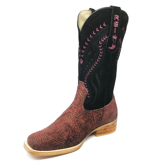 Bota Reizinho Premium Couro De Girafa Black Wine Limited Edition - Cano Alto, Bico Quadrado, Solado De Couro Artesanal