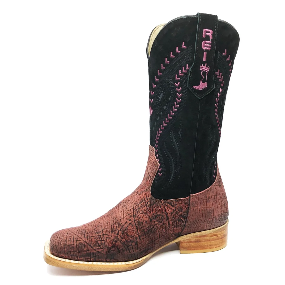 Bota Reizinho Premium Couro De Girafa Black Wine Limited Edition - Cano Alto, Bico Quadrado, Solado De Couro Artesanal
