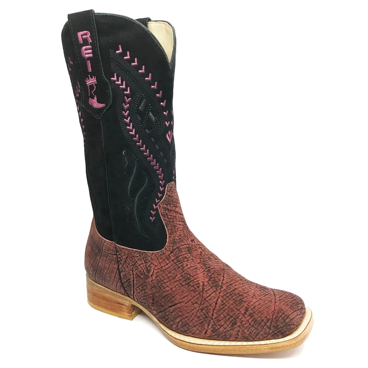 Bota Reizinho Premium Couro De Girafa Black Wine Limited Edition - Cano Alto, Bico Quadrado, Solado De Couro Artesanal