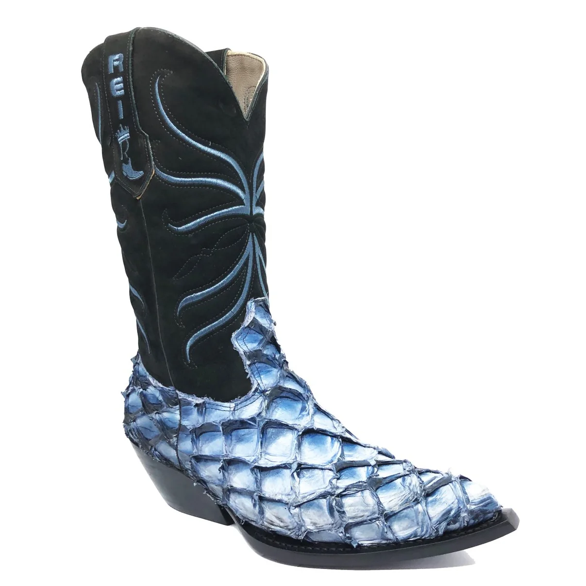 Bota Reizinho Premium Couro De Pirarucu Light Blue Limited Edition - Cano Alto, Bico Quadrado, Solado De Couro Artesanal