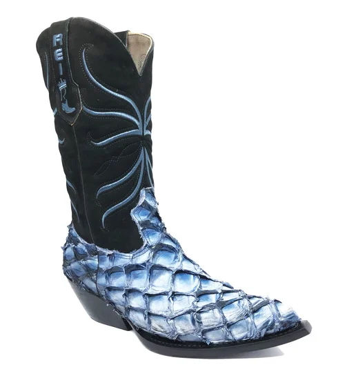 Bota Reizinho Premium Couro De Pirarucu Light Blue Limited Edition - Cano Alto, Bico Quadrado, Solado De Couro Artesanal