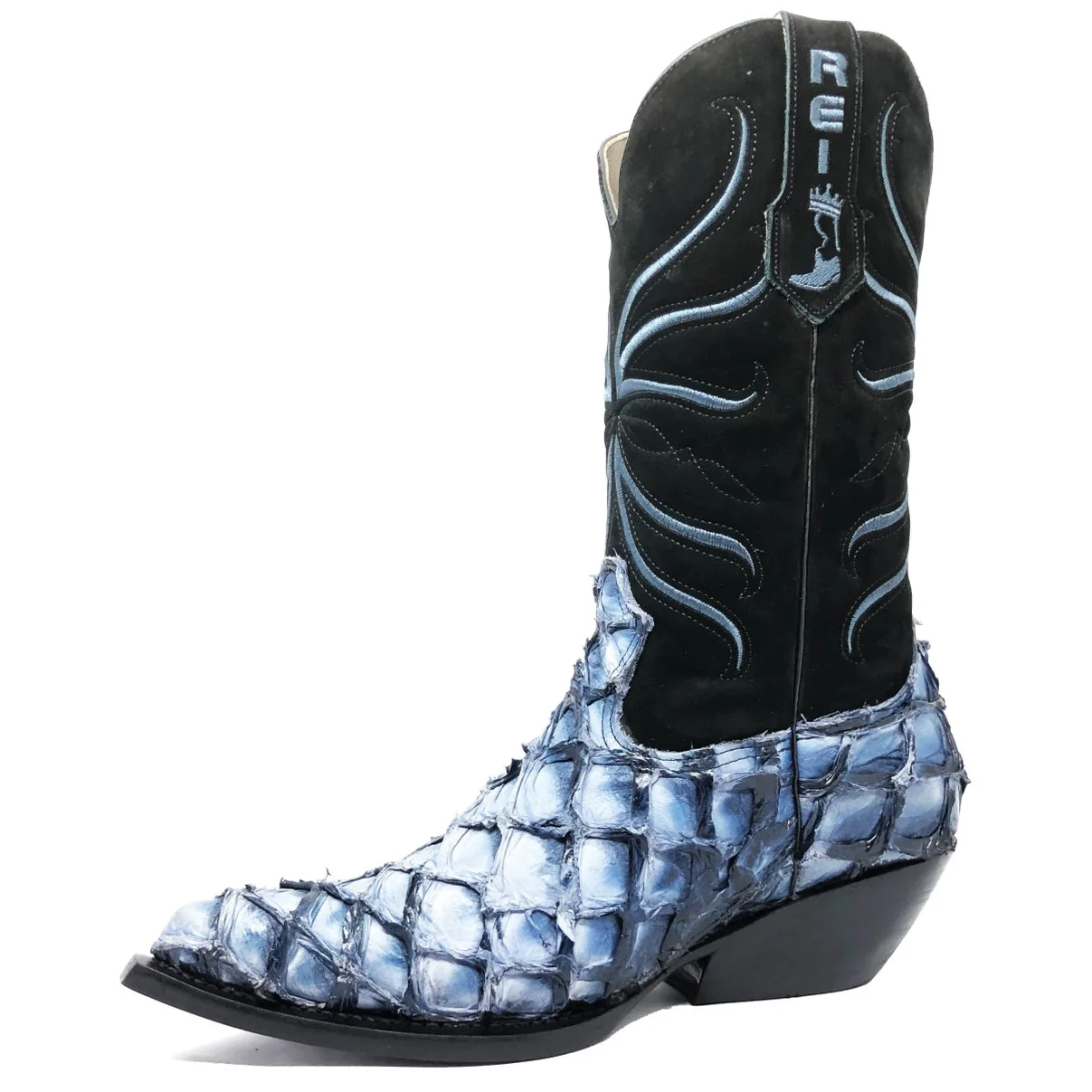 Bota Reizinho Premium Couro De Pirarucu Light Blue Limited Edition - Cano Alto, Bico Quadrado, Solado De Couro Artesanal