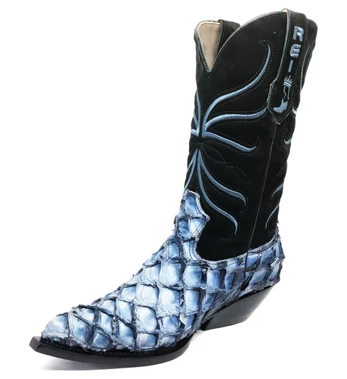 Bota Reizinho Premium Couro De Pirarucu Light Blue Limited Edition - Cano Alto, Bico Quadrado, Solado De Couro Artesanal