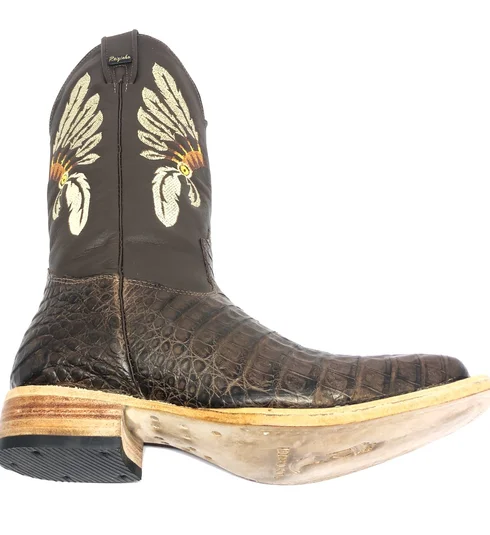 Bota Texana de Couro de Jacaré Marrom | Cano Alto Café | Bordado "Índio" | Reizinho Botas