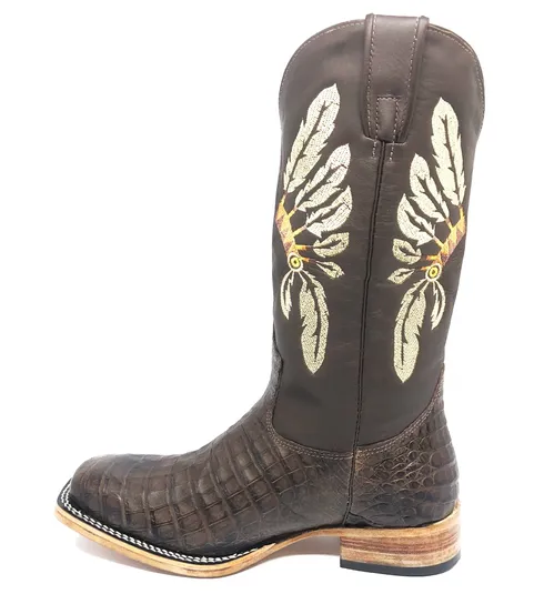 Bota Texana de Couro de Jacaré Marrom | Cano Alto Café | Bordado "Índio" | Reizinho Botas