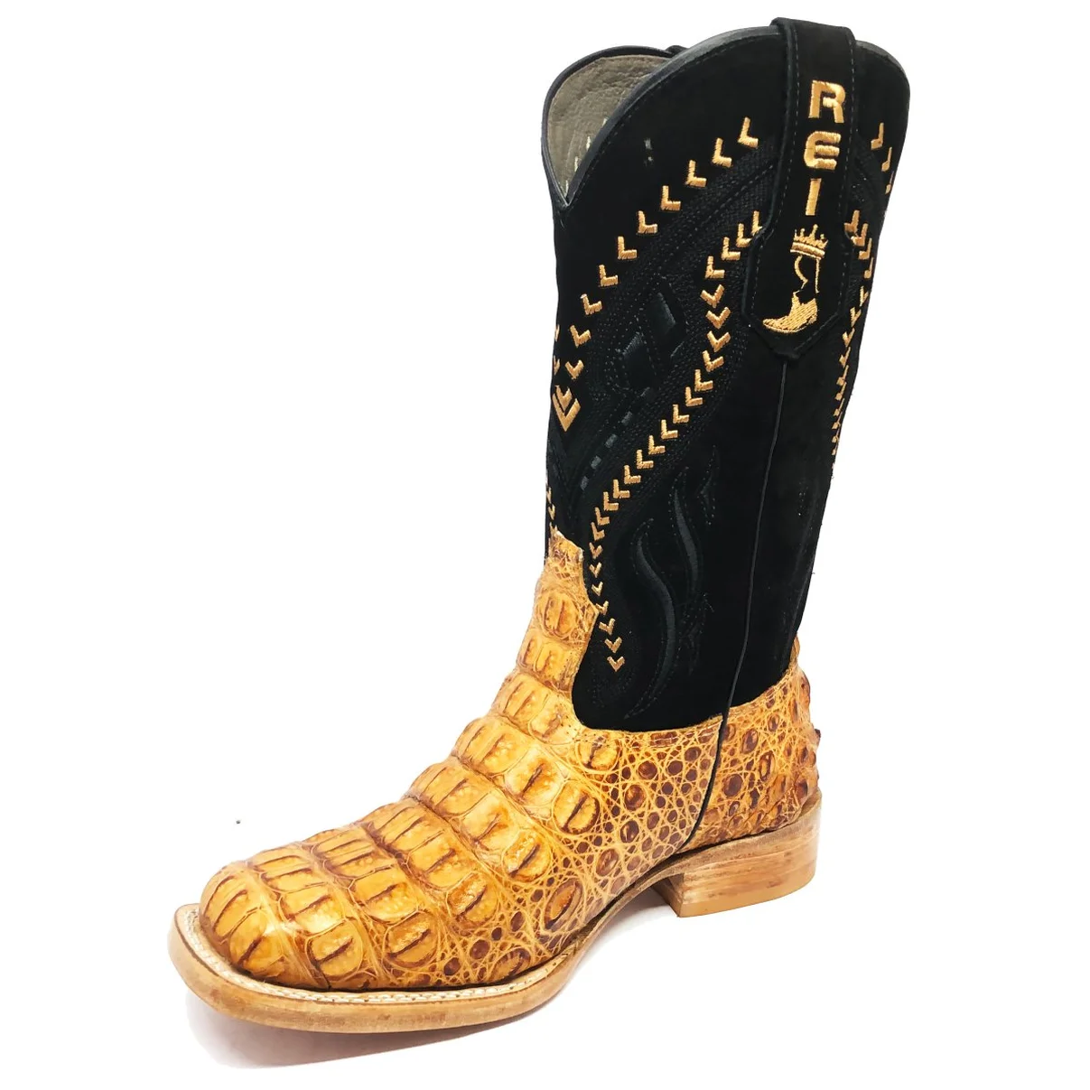 Bota Reizinho Premium Couro De Jacaré Havana Limited Edition - Cano Alto, Bico Quadrado, Solado De Couro Artesanal