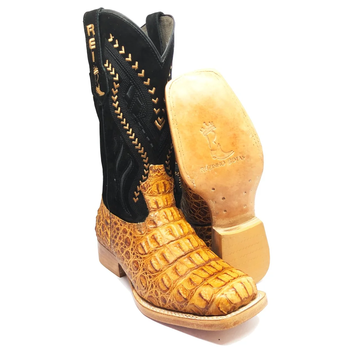 Bota Reizinho Premium Couro De Jacaré Havana Limited Edition - Cano Alto, Bico Quadrado, Solado De Couro Artesanal