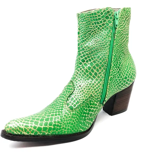 Bota Feminina De Couro Bovino Gold Emerald - Cano Curto, Bico Fino