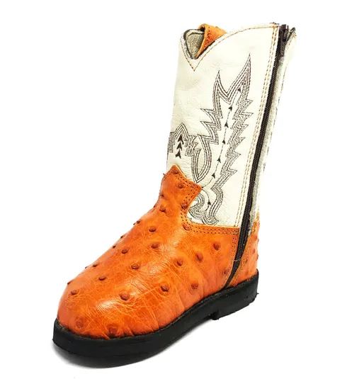 Bota Infantil De Couro De Avestruz Cheio Laranja