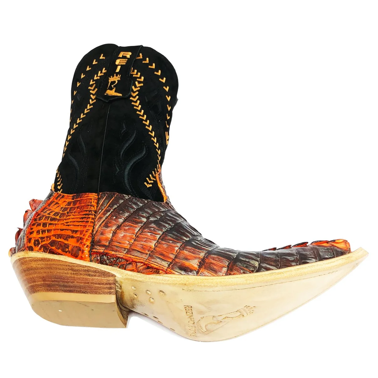 Bota Reizinho Premium Couro De Jacaré Darkness Orange Limited Edition - Cano Alto, Bico Fino, Solado De Couro Artesanal