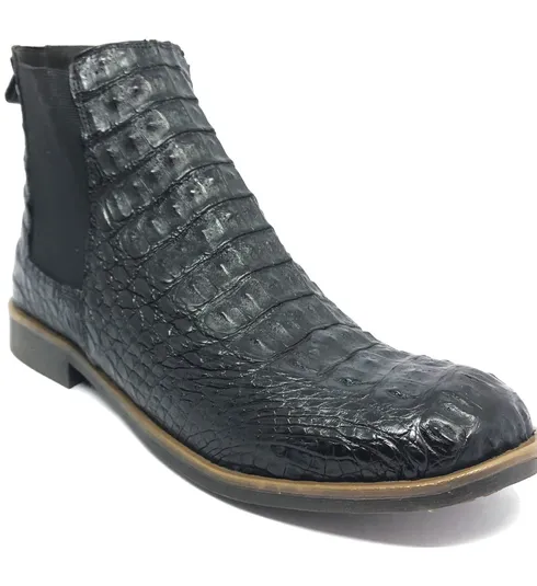 Bota Casual Reizinho Premium de Couro Legítimo de Jacaré Preto - Cano Curto, Solado Flex Comfort - Bico Redondo