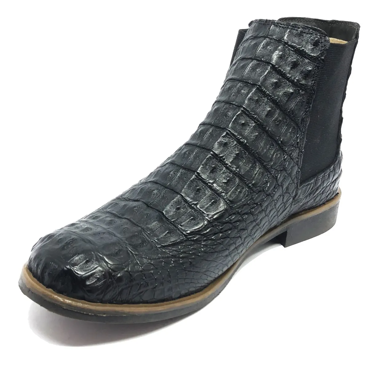 Bota Casual Reizinho Premium de Couro Legítimo de Jacaré Preto - Cano Curto, Solado Flex Comfort - Bico Redondo