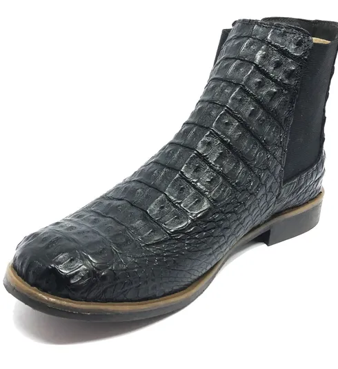 Bota Casual Reizinho Premium de Couro Legítimo de Jacaré Preto - Cano Curto, Solado Flex Comfort - Bico Redondo