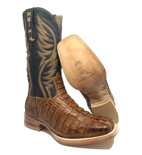 Bota Reizinho Premium Couro De Jacaré Havana Rabo Limited Edition - Cano Alto, Bico Quadrado, Solado De Couro Artesanal