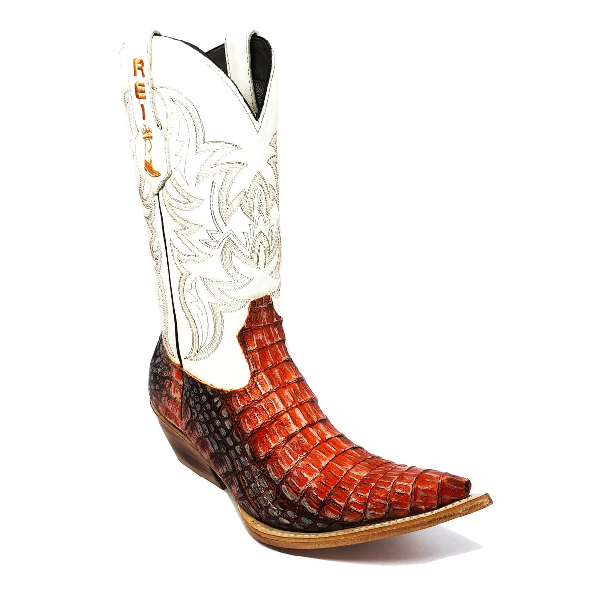 Bota Reizinho Premium Couro De Jacaré Darkness Orange Limited Edition - Cano Alto, Bico Fino, Solado De Couro Artesanal