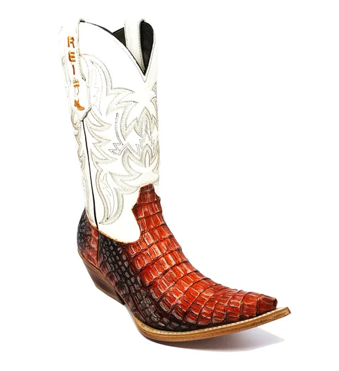 Bota Reizinho Premium Couro De Jacaré Darkness Orange Limited Edition - Cano Alto, Bico Fino, Solado De Couro Artesanal